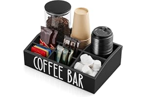 ALELION Coffee Station Organizer for Countertop - 7 Compartments Coffee Bar Accessories and Organizer with Removable Dividers - Black Coffee and Tea Condiment Organizer