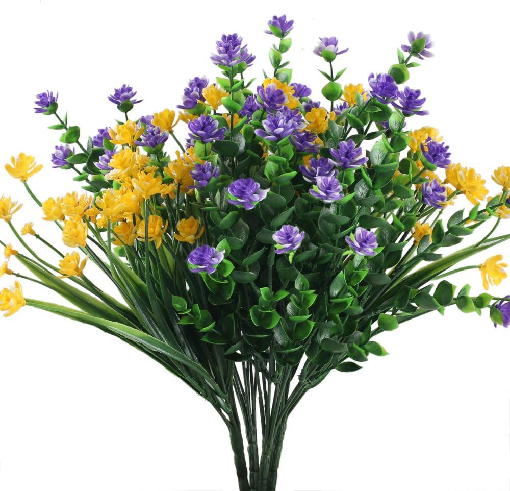XYXCMOR 4 Pcs Artificial Boxwood Outdoor Greenery Plants Farmhouse Faux Shrubs Plants Plasitc Cemetery Flowers for Gravesite Farmhouse Outside Hanging Planter Window Box Decor Yellow and Purple