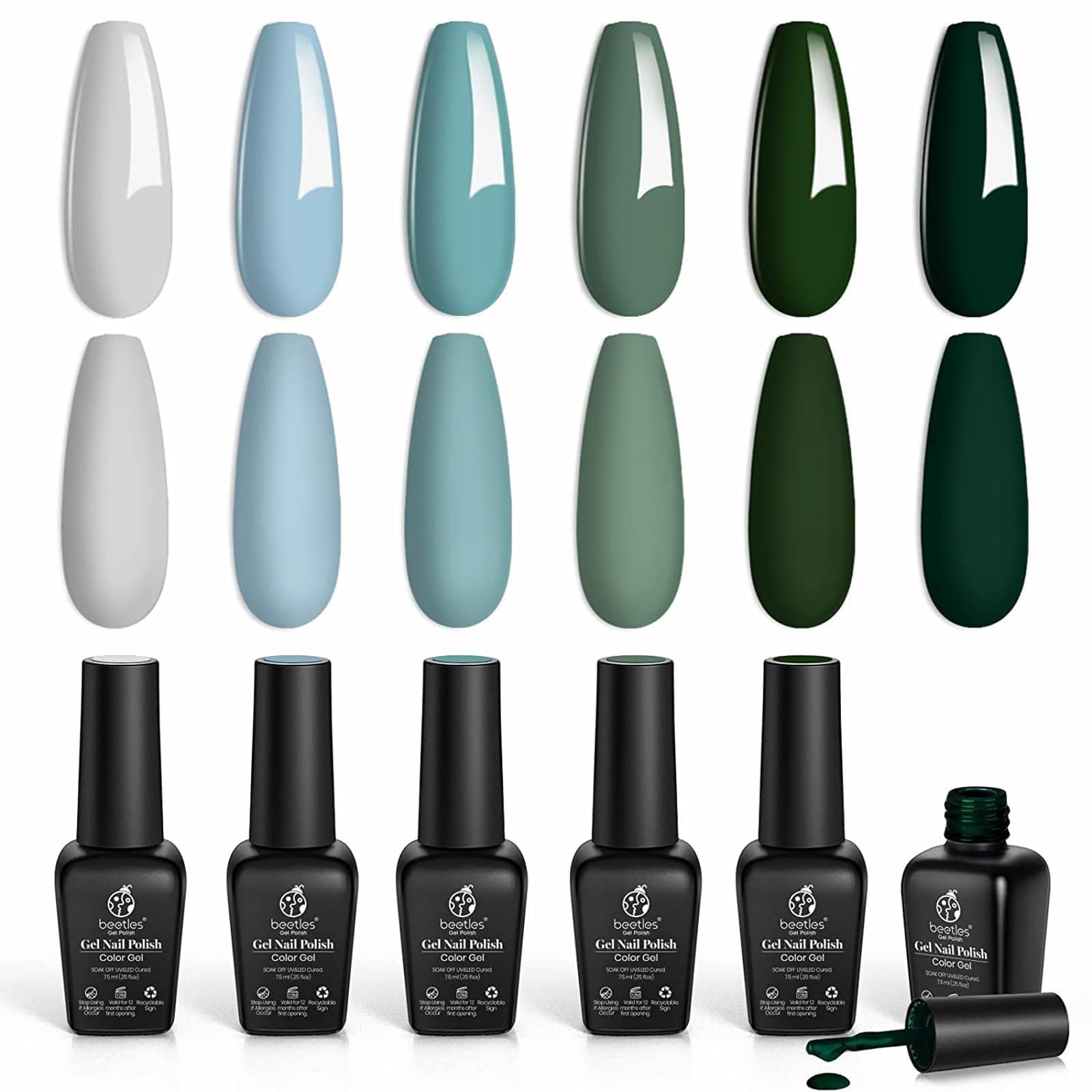 Beetles Misty Forest Gel Polish Set - 6 Colors: Baby Blue, Green, Gray, Dark Green - Soak Off, Nail Lamp Kit