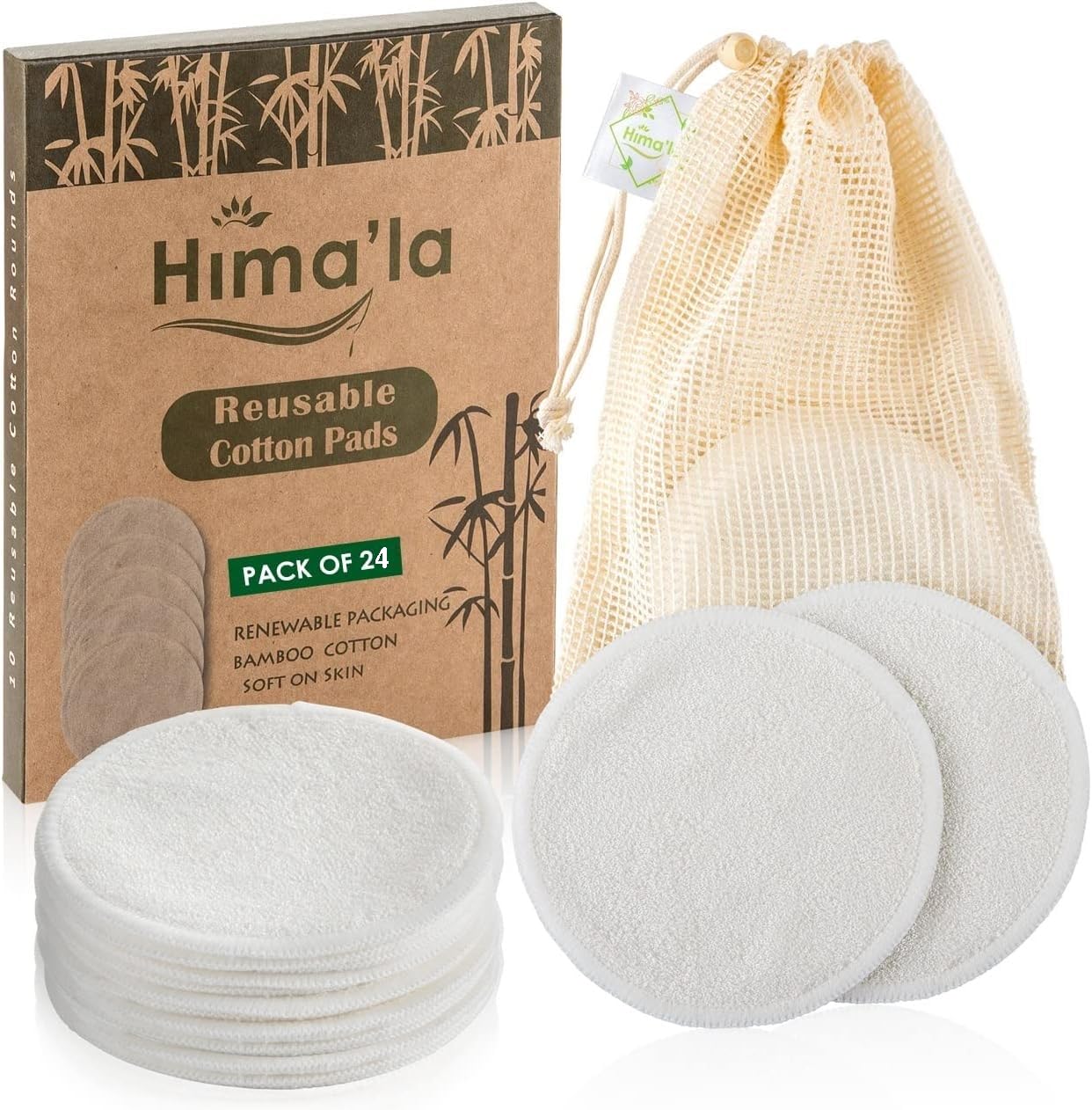 Hima'la 24 Pcs Reusable Makeup Remover Pads with Washable Laundry Bag | Bamboo Make Up Remover Pads - Eco Friendly Soft & Gentle Reusable Cotton Pads (Pack of 24)
