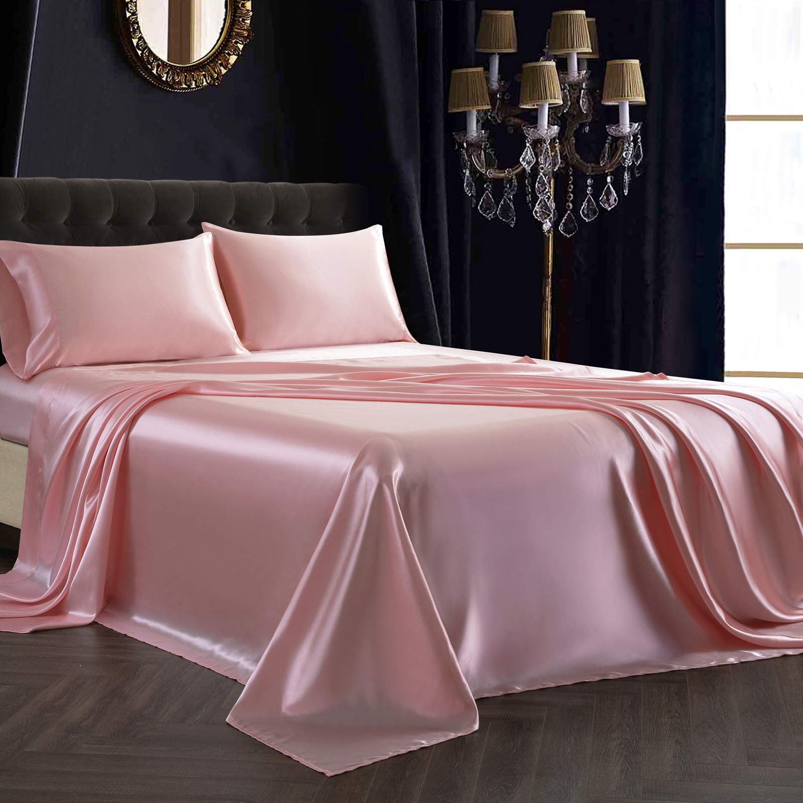 SiinvdaBZX 4Pcs Satin Sheet Set King Size Ultra Silky Soft Blush Pink Satin King Bed Sheets with Deep Pocket, 1 Fitted Sheet, 1 Flat Sheet, 2 Envelope Closure Pillowcases