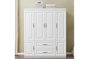 GraceGrove 4 Door White Armoire Wardrobe Closet, 2 Drawers Wooden Armoire Wardrobe Closet for Large Capacity, Tall Cabinet Wardrobe Cabinet with Hanging Rod and Metal Handle 63" L x 20.5" W x 74" H