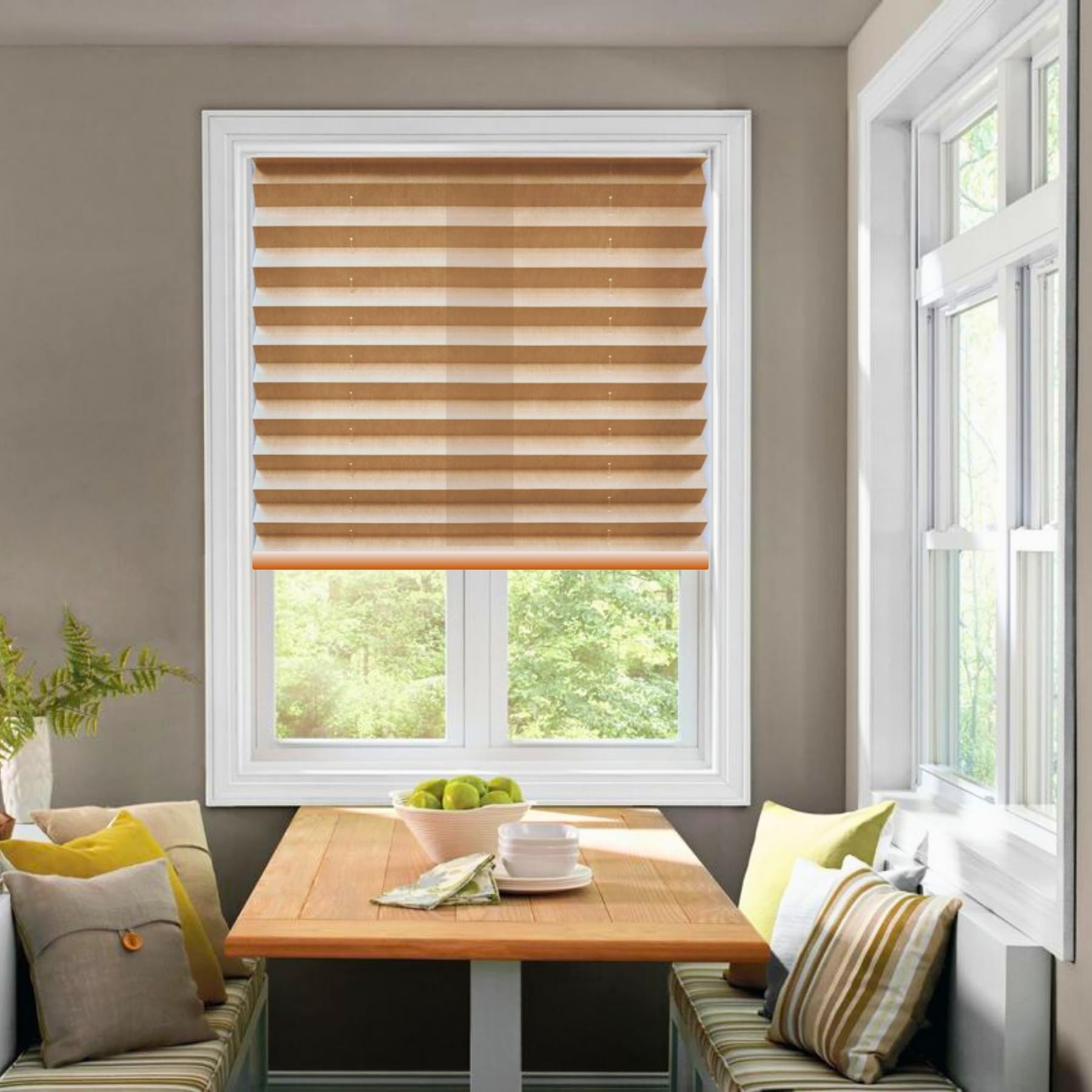 BlindsAvenue Cordless Pleated Window Shades, Easy Install, No Drill No Tools, Fawn, Light Filtering Blinds, Size 31.5" W x 64" H