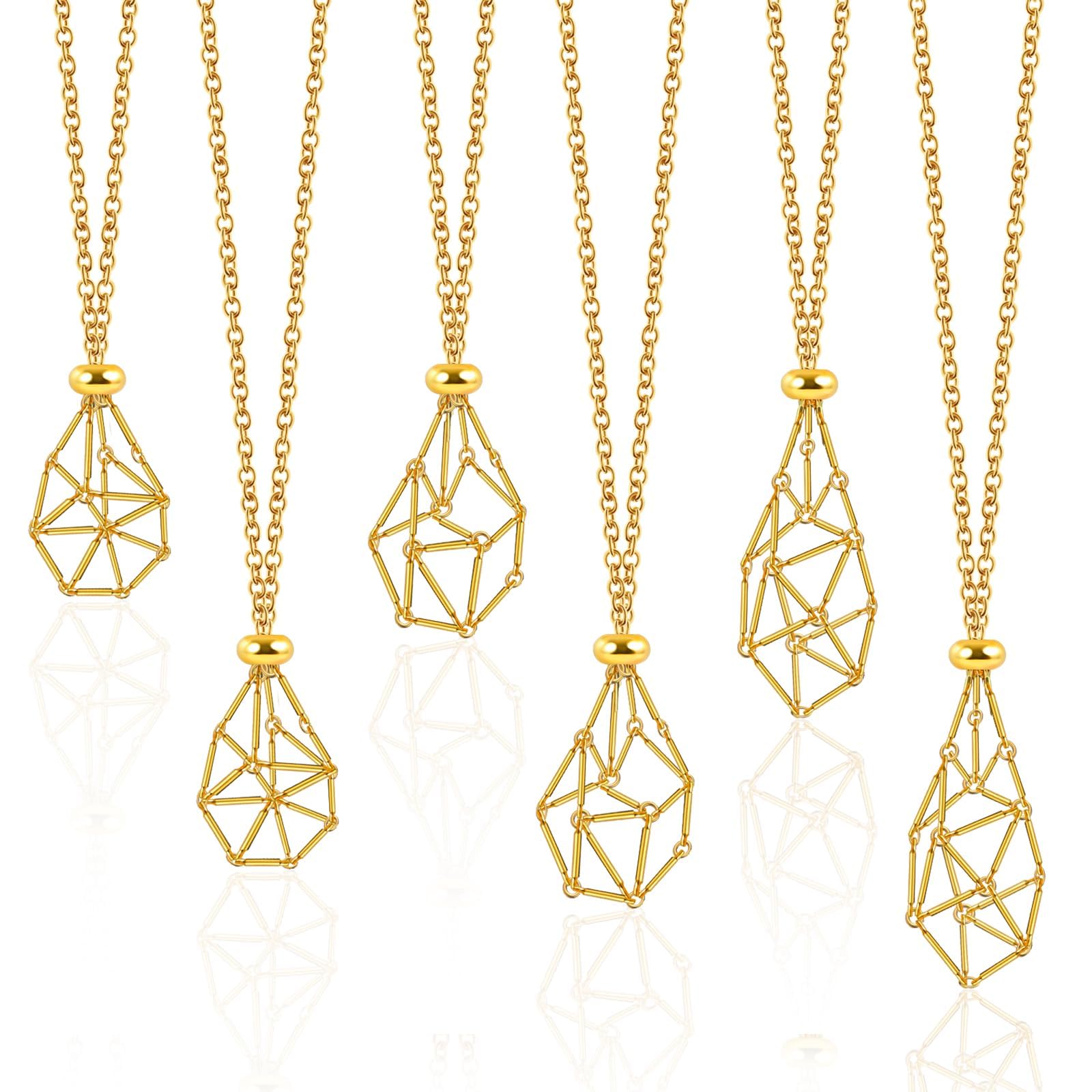 Photo 1 of 6 Pcs Adjustable Crystal Stone Holder Necklace Empty Crystal Stone Holder Necklace Crystal Pendant Necklace Chain with Stainless Steel Cage for Jewelry DIY (Gold)