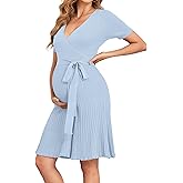 V FOR CITY Maternity Dress Baby Shower Dresses for Women Casual Pleated A Line Waistband Short Sleeve V Neck Knit Summer S-XL