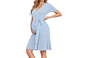 V FOR CITY Maternity Dress Baby Shower Dresses for Women Casual Pleated A Line Waistband Short Sleeve V Neck Knit Summer S-XL