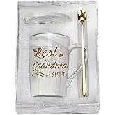Best Grandma Ever Mug Coffee Gifts Birthday Mothers Day for from Granddaughter Grandson Grandchildren Grandkids 14 Ounce Gift Box with Spoon and Mat Gray