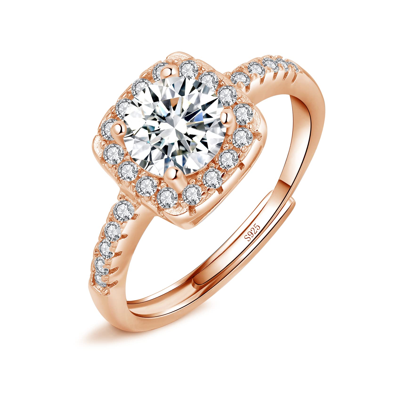 Josfeva Silver Rings for Women Girls, 925 Sterling Silver Adjustable Diamond Ring, Bride Wedding Engagement Ring for Love Promise, Romantic Anniversary Square Rose Gold Rings for Couples Gifts