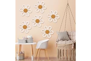 Zeyune 6 Pcs Boho Nursery Daisy Flower Wall Art Decor Woven Macrame Wall Pediments Boho Daisy Floral Nursery Art Decor for Home Bedroom Decorations(White,Yarn and Cotton Rope)