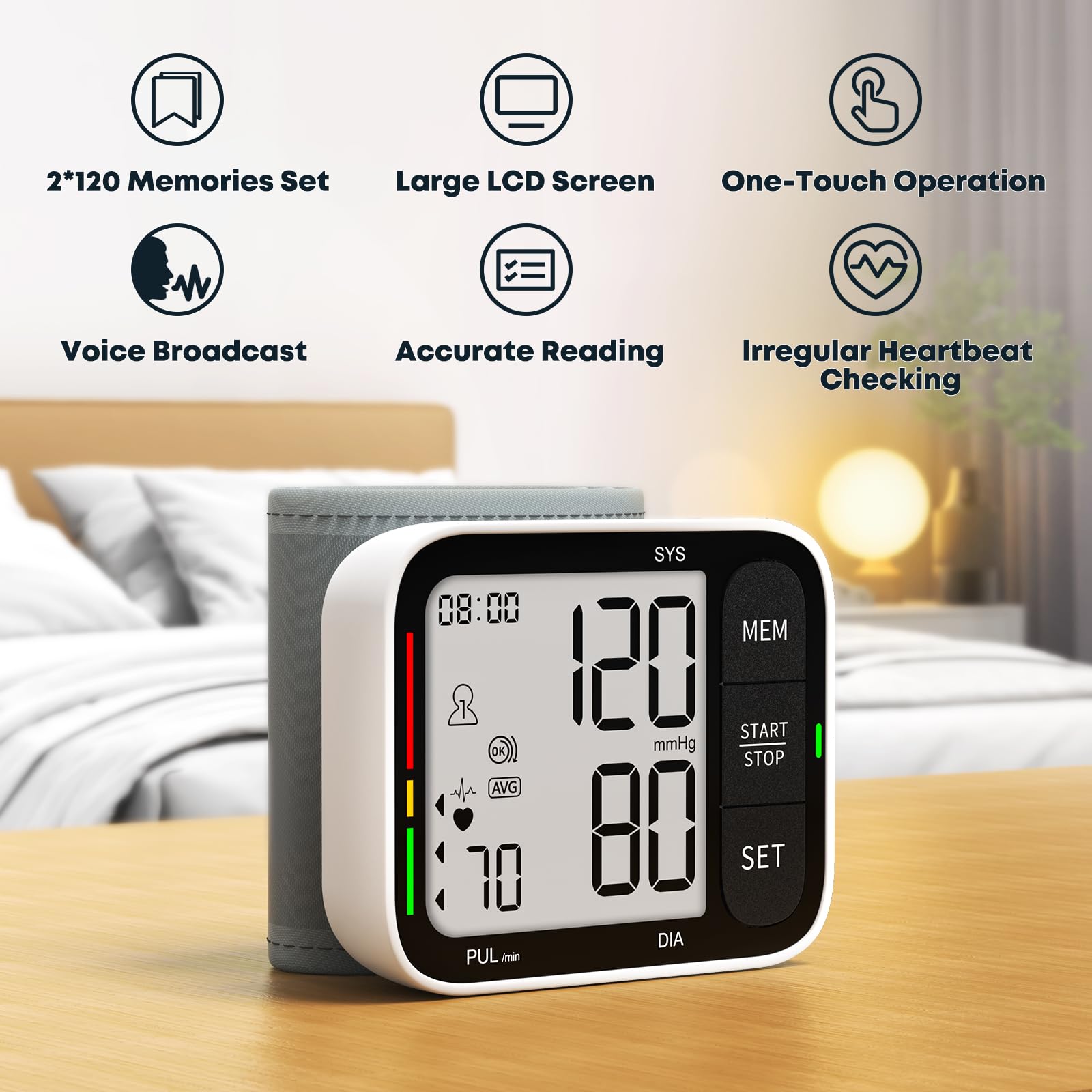 KIKEANG Blood Pressure Cuff Wrist, Universal Bp Cuff(5.3-8.4in) Large LCD Display 2 Users Total 240 Memories, 2 AAA Batteries & Carrying Case Included