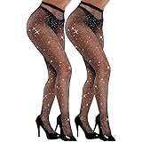 VEBZIN Sexy Sparkly Fishnets Stockings Jeweled High Waist Fishnet Tights for Women Rhinestone Party Pantyhose