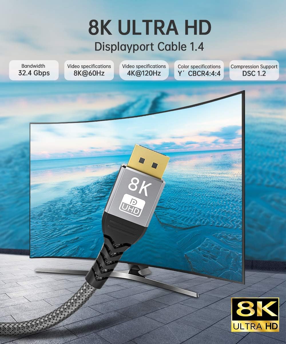 8K DisplayPort 1.4 Cable 1M, NEWDERY Nylon Braided 8K DP to DP Cable ...