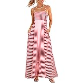 CUPSHE Womens Summer Maxi Dress Casual Sleeveless Square Neck Striped Beach Long Dress with Pockets
