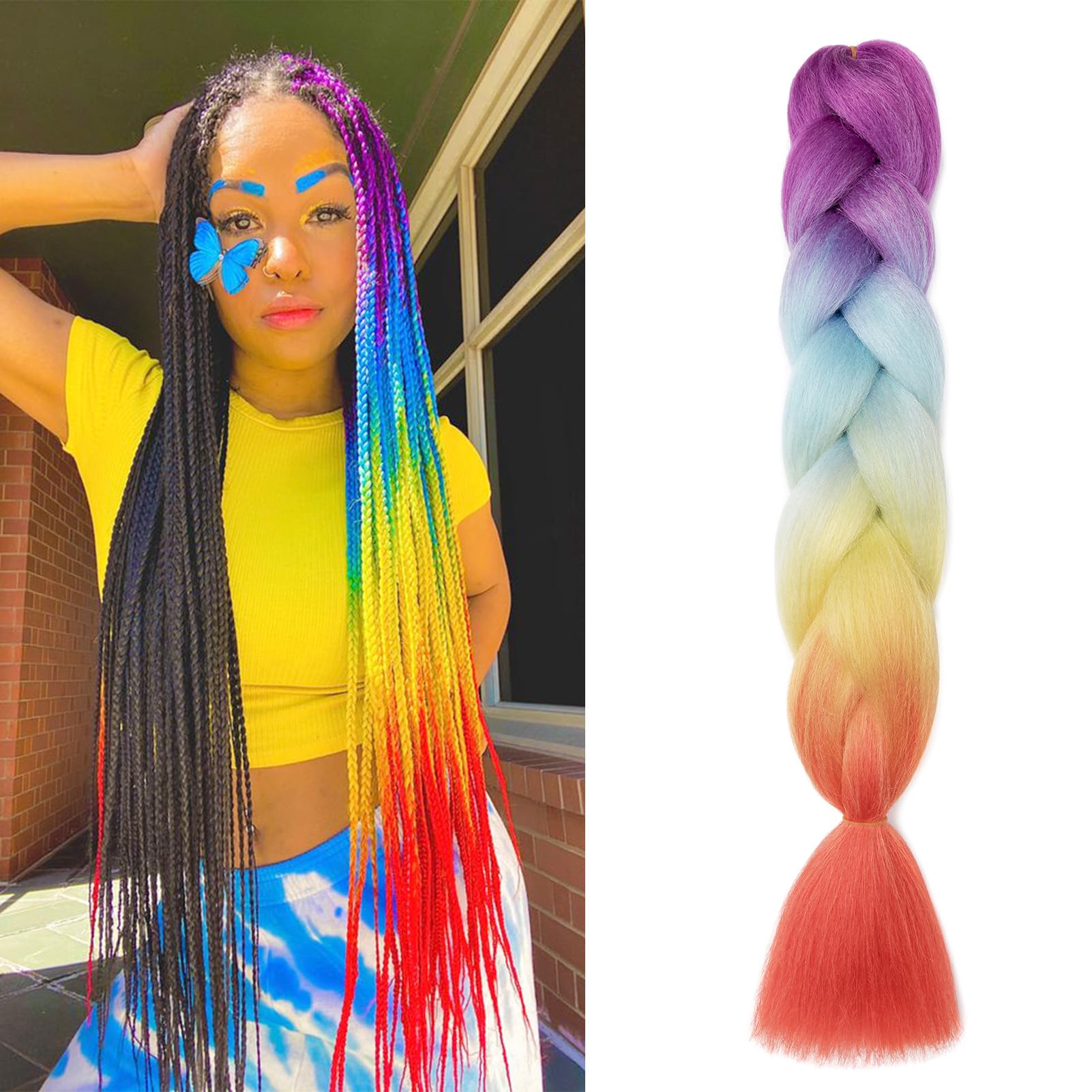 Dcbaboo Hair Extensions for Braiding Jumbo Braiding Hair Extension 1pack 24inch Synthetic Hair Kanekalon Ombre Braids Extensions Hair Afro Crochet Twist Box Braids 100g, Purple-Blue-Yellow-Orange — image 1