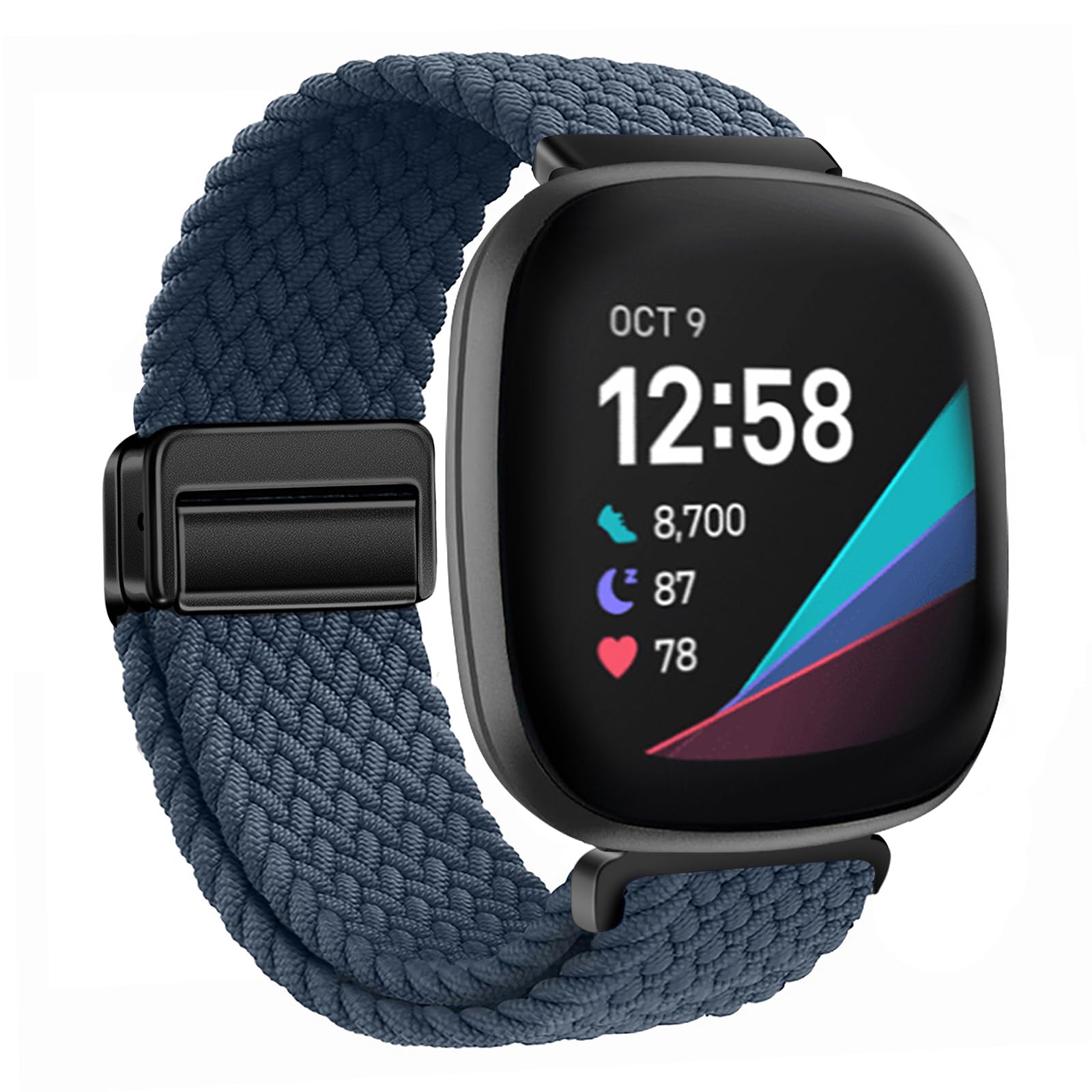 XMUXI Nylon Watch Band Compatible with Fitbit Versa 4/Versa 3 Straps/Sense 2 /Fitbit Sense Strap for Women Men, Stretchy Magnet Braided Replacement Wristbands for Fitbit Watch Navy Blue