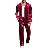 LecGee Men Fall Casual Sets Velvet Long Sleeve Button Down Shirt Elastic Waist Velour Pants 2 Piece Outfits Tracksuit
