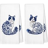 XBBMGG Flower Cat Kitchen Towels Set of 2, Floral Cats Mom Towels for Cat Lovers Women Girls Dish Hand Tea Towel, Cute Light Blue and White Chinoiserie Decorative Towel for Bathroom Kitchen, 16x24