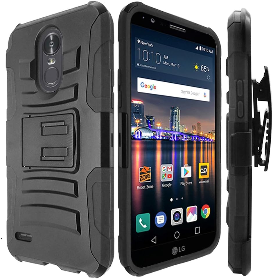 LG Stylo 3 Plus Case/LG Stylo 3 Case with Tempered Glass Screen Protector,IDEA LINE(TM) Heavy Duty Armor Shock Proof Dual Layer Holster Locking Belt Swivel Clip with Kick Stand - Black