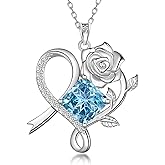 Aurora Tears Birthstone Love Heart Rose Pendant Necklace - 925 Sterling Silver Snowflake Cut Square Cubic Zirconia Ribbon Necklace Anniversary Birthday Jewelry Gift for Women Wife Mom Daughter
