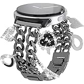 REALSIGN Metal Band Women Compatible with Samsung Galaxy Watch 8 40mm/44mm,Galaxy Watch 8 Classic 46mm,Stylish Cuban Chain Wristband with Cute Charms Pendants Bracelet