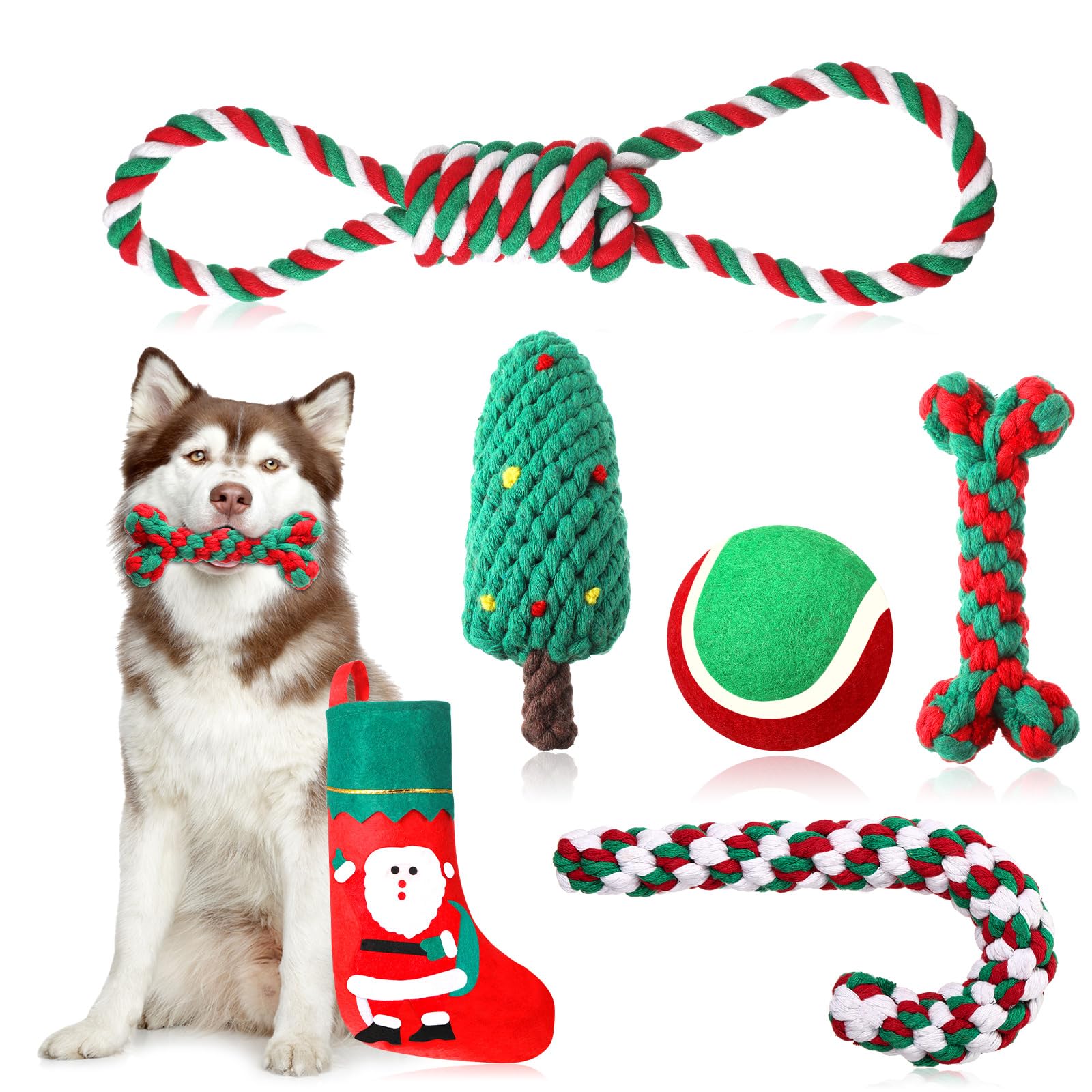 Xuniea 6 Pcs Dog Toy Christmas Stocking Dog Rope Toys Pet Chew Training Candy Cane Bone Tree Shape Knotted Ropes Assorted Styles for Small Medium Large Puppy Pet Christmas Party Favor(Cute)