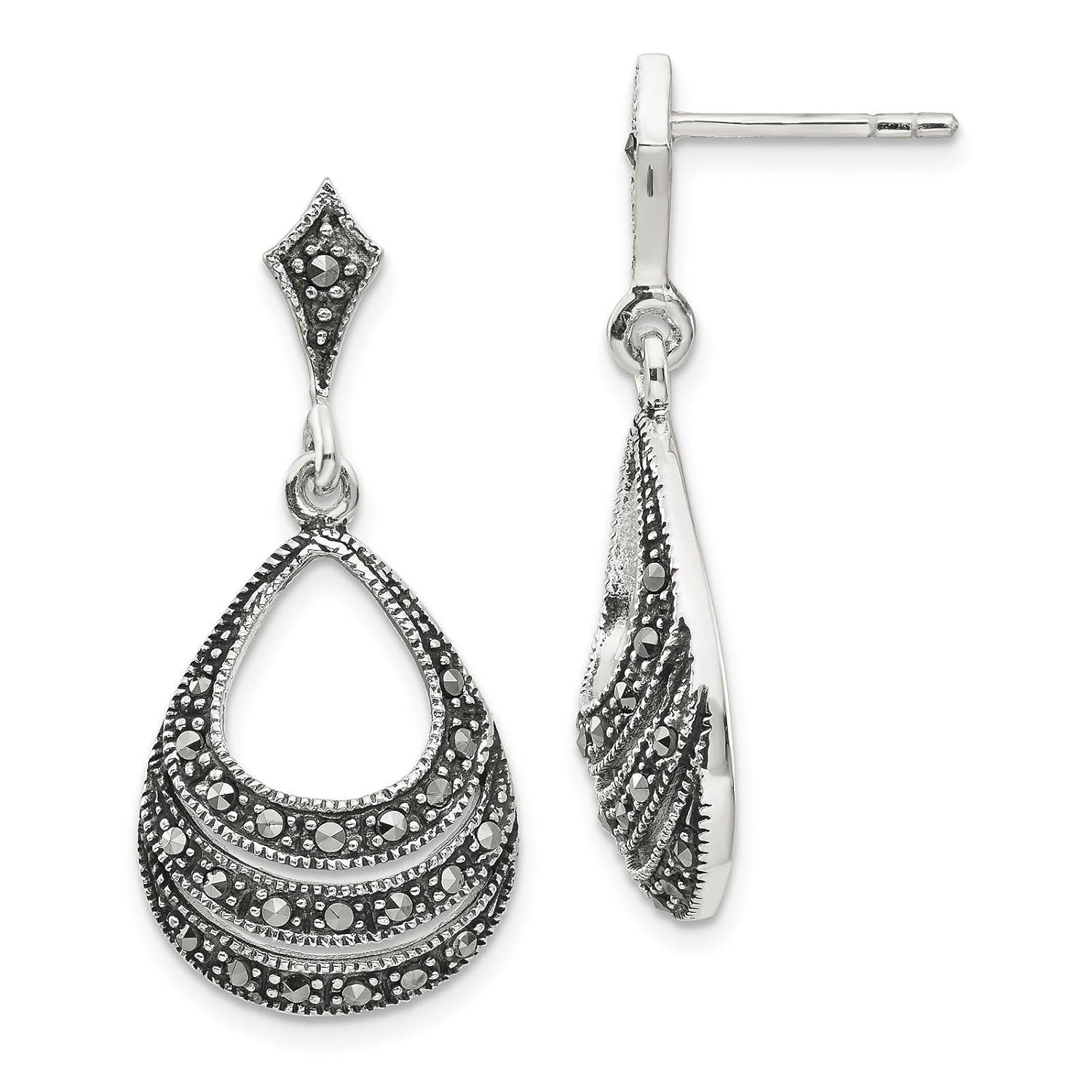 925 Sterling Silver Rhodiumplated Antiqued Marcasite Teardrop Dangle