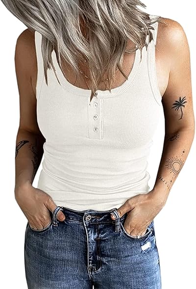 Fessceruna Damen Tops Sexy U-Ausschnitt Tank top Ärmellos Sommer Oberteile Gerippt Camisole mit Knöpfen