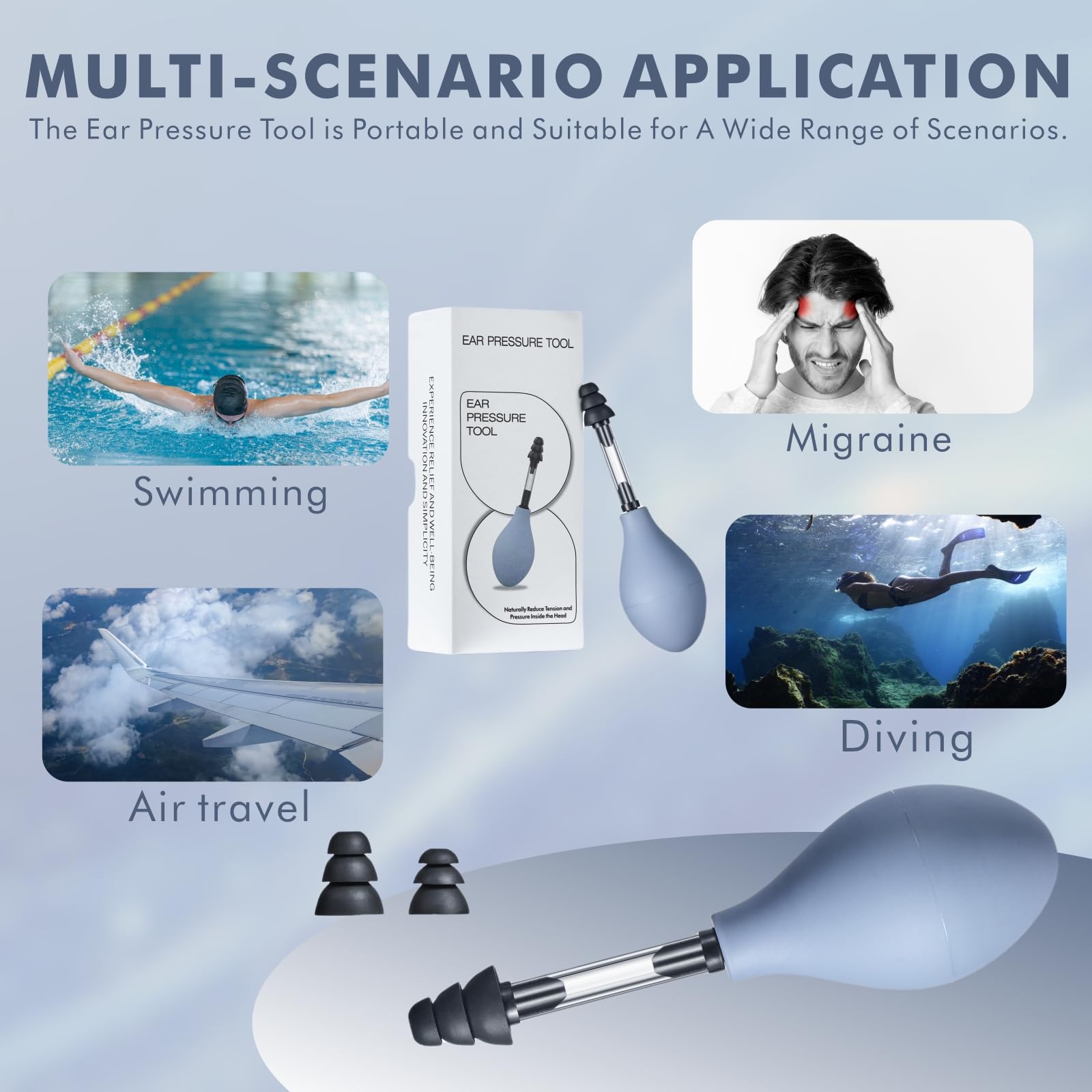 Ear Pressure Relief Suction Device, Migraine Ear Pressure Relief Products, Airplane Ear Tinnitus Relief Through Inner Ear Pressure Balance, Reduces Tension with 3 Sizes Earplugs