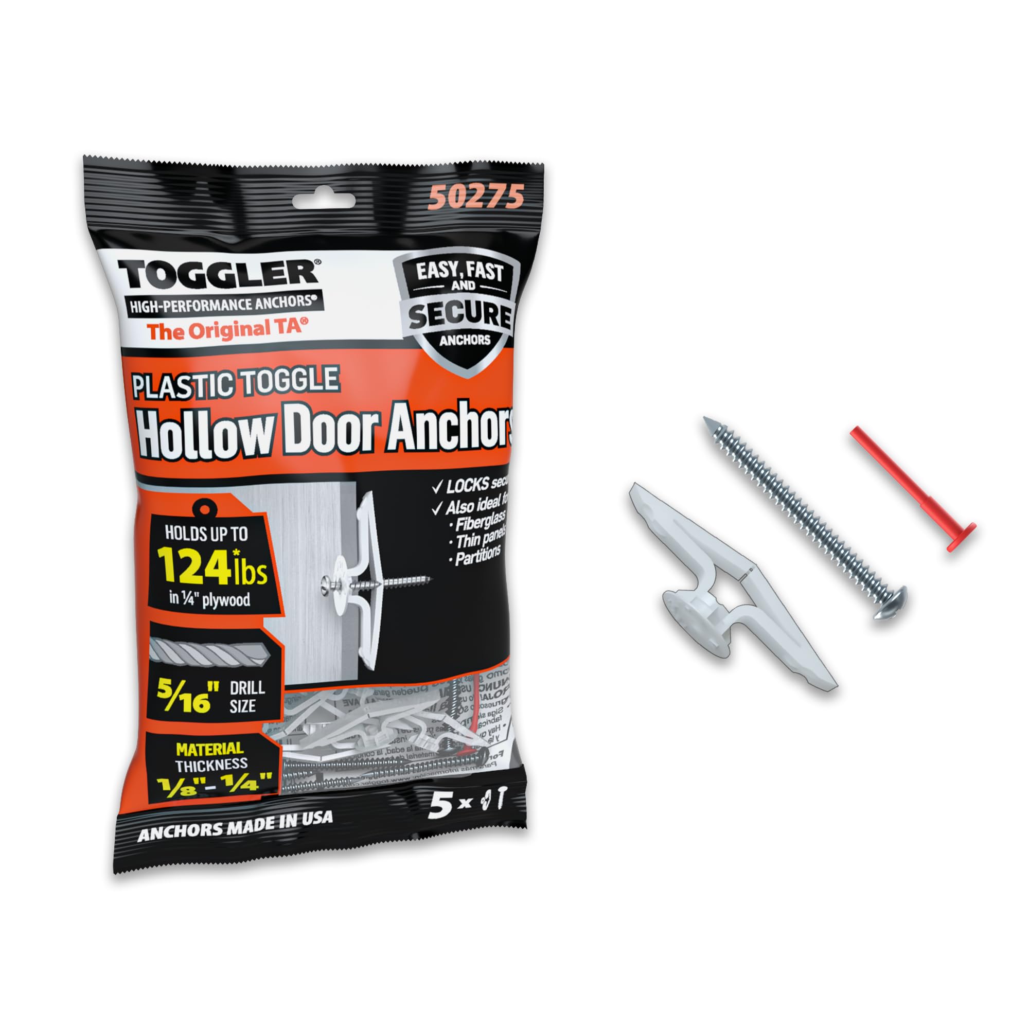 TOGGLER Toggle TA Hollow-Door Anchor with Screws, Polypropylene, Made in US, 1/8 to 1/4 Grip Range, For #8 to #12 Fastener Sizes (Pack of 5) by TOGGLER