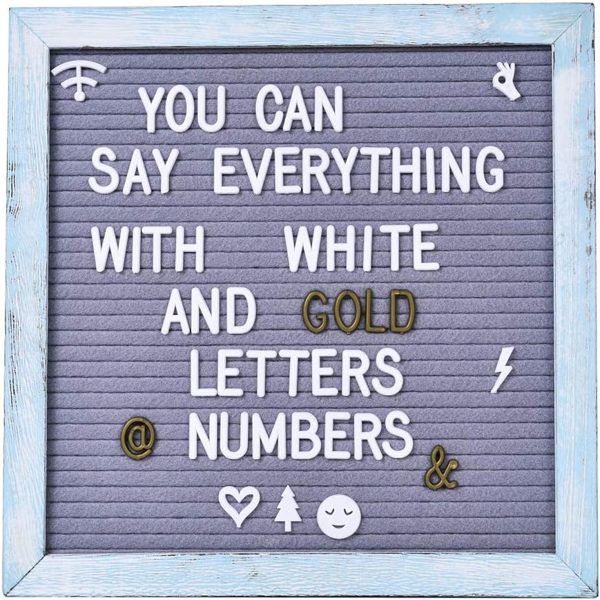 Rustic Wood Frame Felt Letter Board 10x10 inches. 544 White & Gold Letters, Months & Days Cursive Words, Additional Symbols & Emojis Vintage Stand.