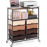 APEXCHASER Rolling Storage Cart with 8 Large Drawers, Wooden Tabletop | Open Storage Shelves, Mobile Craft Organizer with Lockable Wheels for Home, Classroom, Office Supplies &amp; Art Studio,Brown