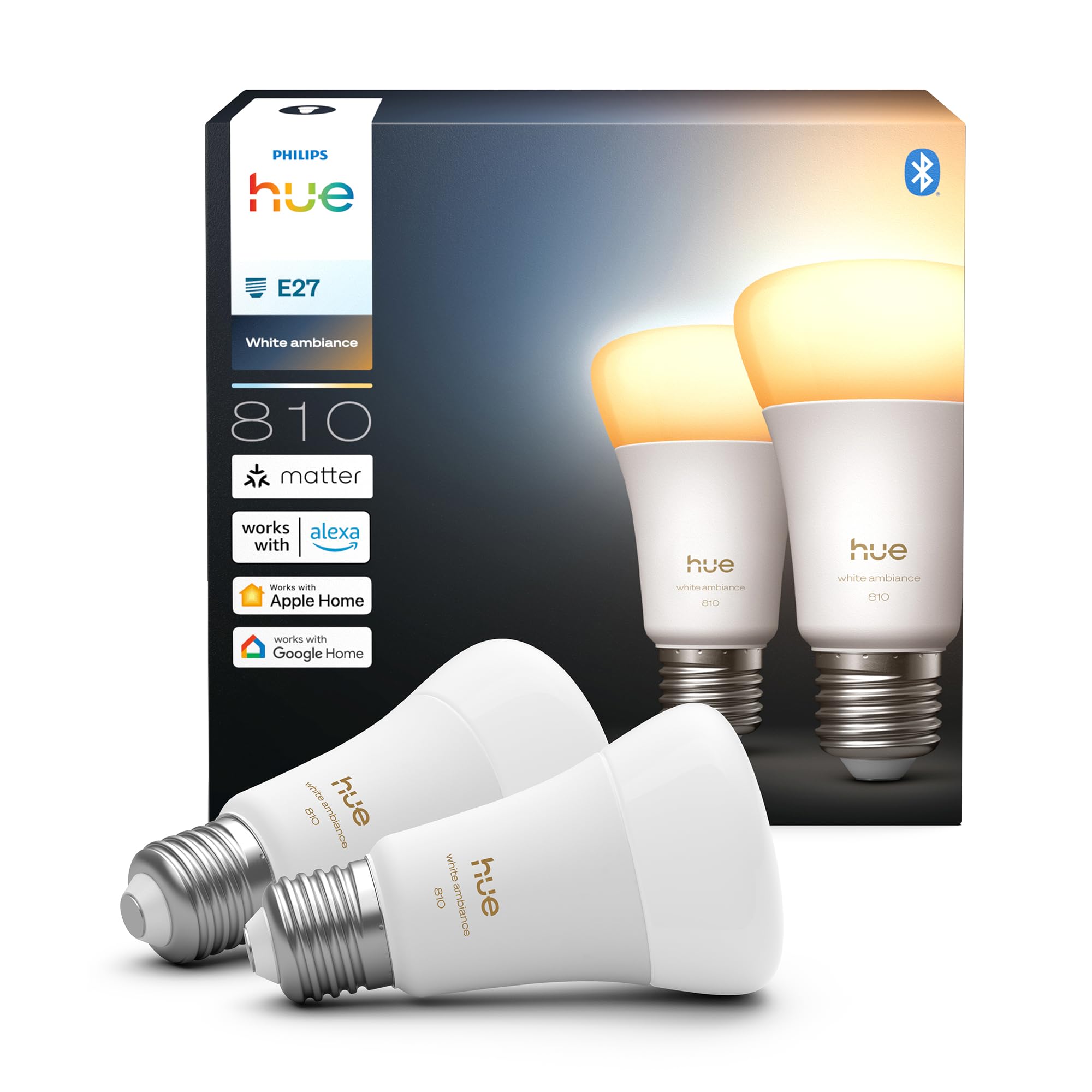 Philips Hue Smart A60 LED Bulb, White Ambiance, E27 Base, 6W, Full Spectrum Light 1000K-20000K, 810 Lumens, Dimmable Mood Lighting, Smart Lighting Works with Alexa, Google, and Apple Home, 2 Pack