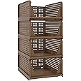Pinkpum Stackable Plastic Storage Basket, Foldable Closet Organizers and Storage Bins 4 Pack Drawer Shelf Storage Container for Wardrobe Kitchen Bathroom Office Dorm Toffee