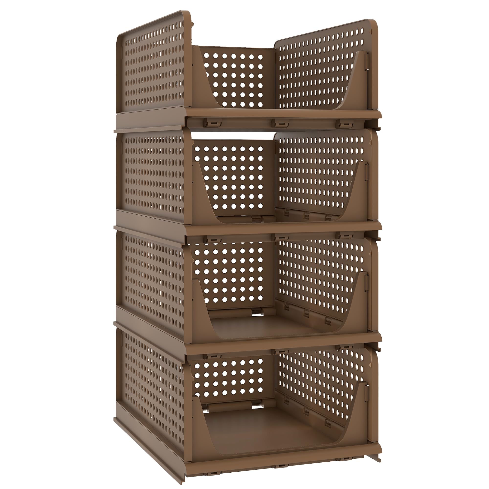 Photo 1 of Pinkpum Stackable Plastic Storage Basket, Foldable Closet Organizers and Storage Bins 4 Pack Drawer Shelf Storage Container for Wardrobe Kitchen Bathroom Office Dorm Toffee