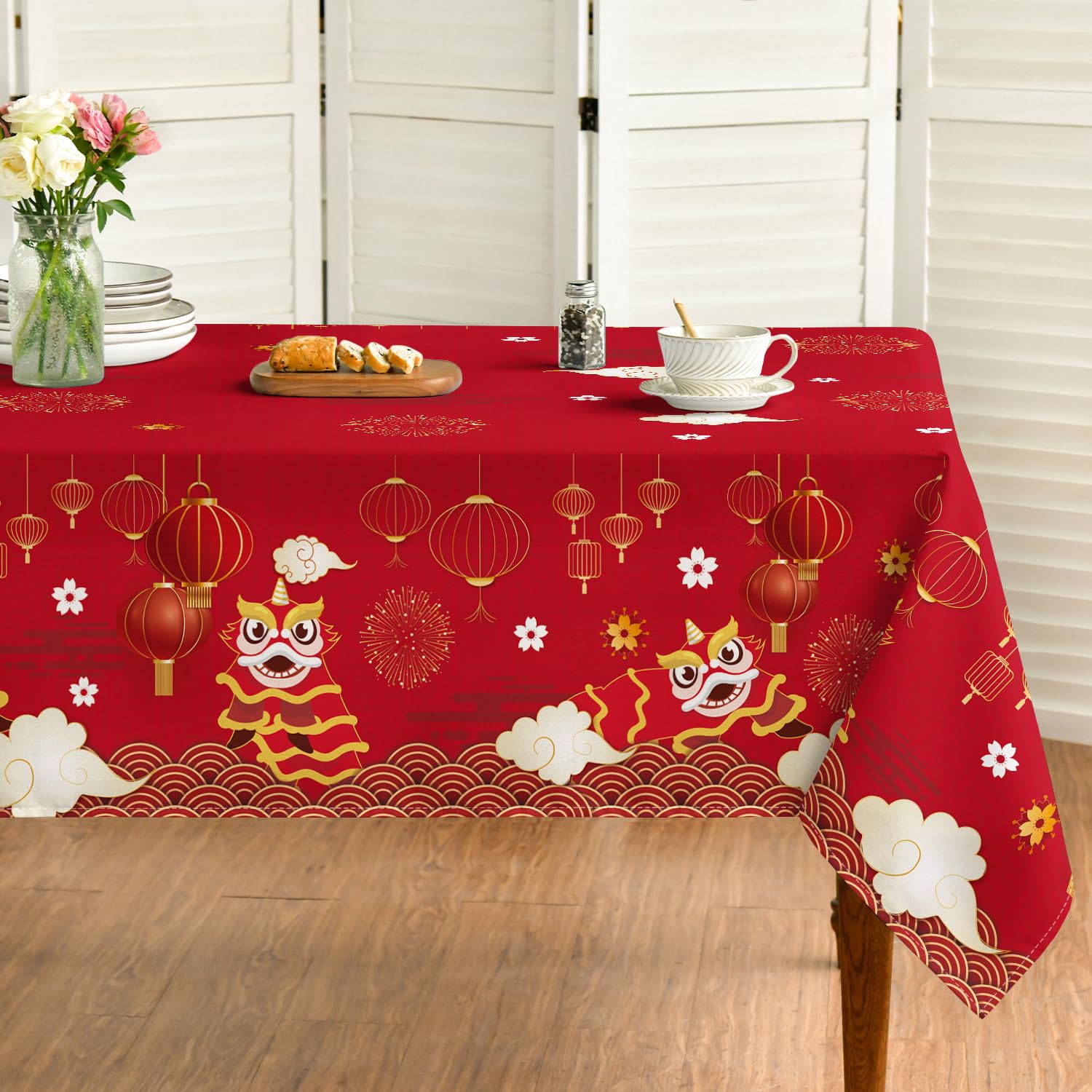Photo 1 of Horaldaily Newyear Tablecloth 60×84 Inch Rectangular, Chinese Lunar New Year Lion Dance Lantern Red Washable Table Cover for Party Picnic Dinner Decor