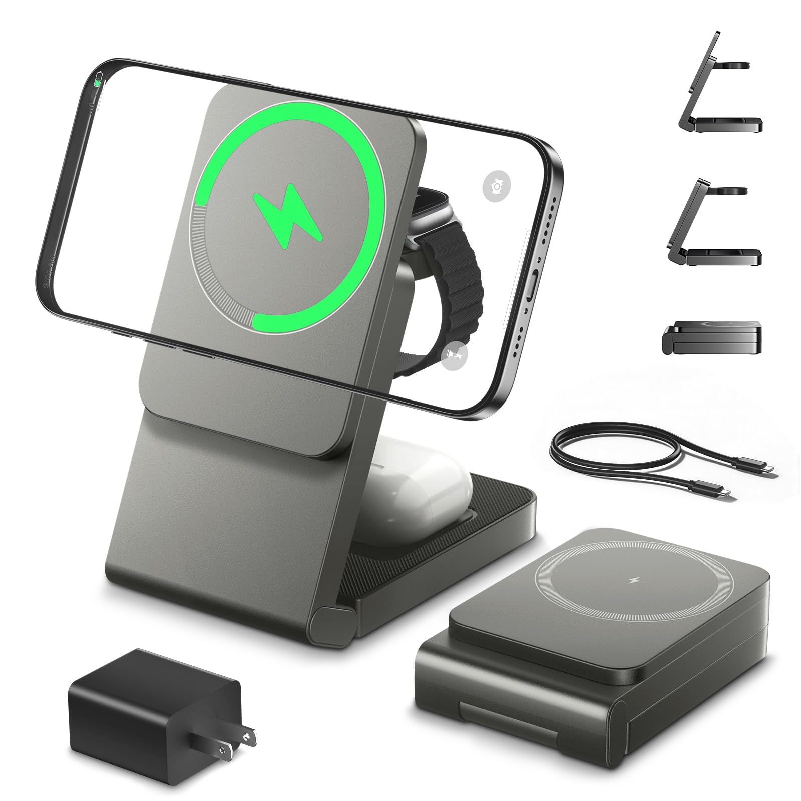 Photo 1 of 3 in 1 Wireless Charger Station for Multiple Devices, Foldable Magnetic Charging Stand, Portable Fast Travel Wireless Charger for iPhone17/16/15/14/13/12 Pro Max/ AirPods2/3/4 and IWatch Ultra Series