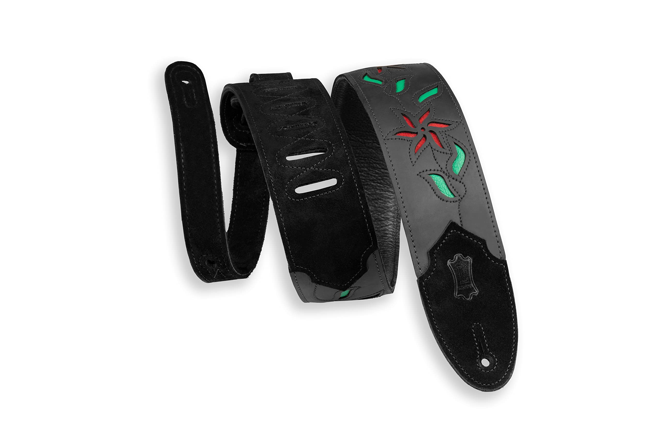 Levy's Flowering Vine Leather Guitar Strap - Black with Red Flowers