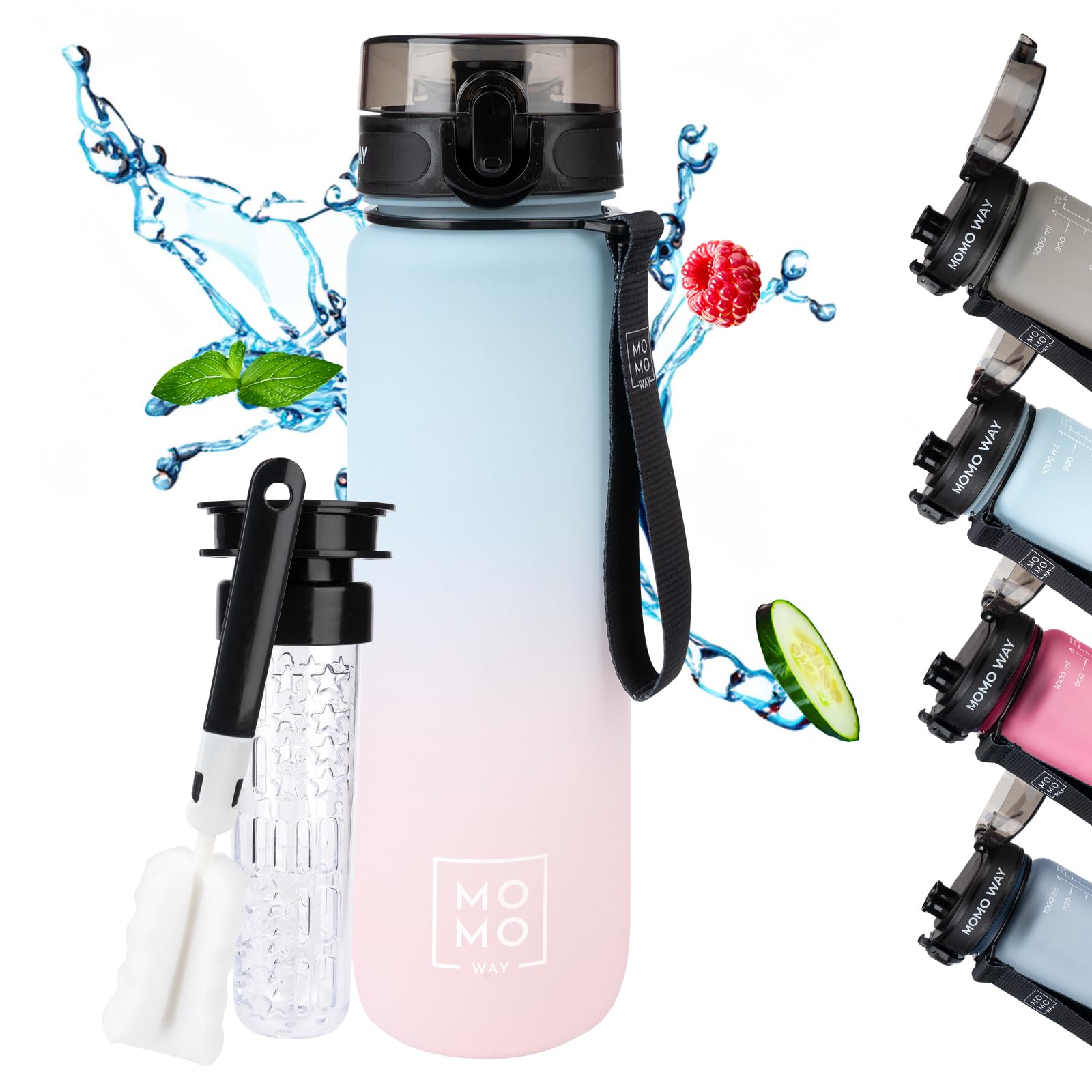 MOMO WAY Drinking Bottle Tritan Water Bottle BPA Free Reusable for School Sports Fitness Gym Easy Closure Gift for Men Women and Children Blue Pink 1000ml