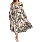 CARCOS Women's Plus Size Boho Floral Fall Dress Long Sleeve V Neck Wedding Guest Cocktail Party Flowy Midi Dress XL-5XL