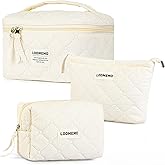 Lodmemo Makeup Bag 3 PCS Cosmetic Bags for Women, Quilted Travel Make up Bag Set Cute Cotton Toiletry Bag Organizer Pouch for Purse, Beige