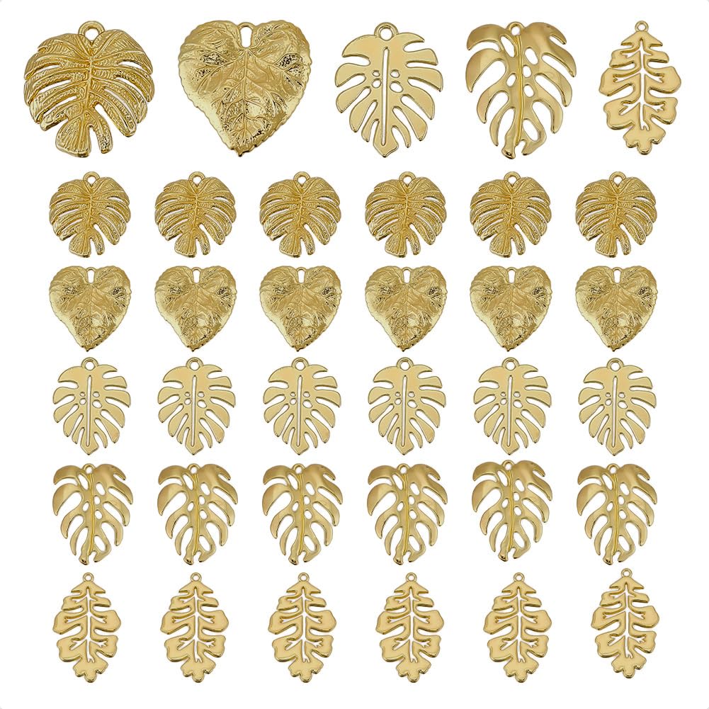 PH PandaHall 35Pcs Monstera Leaf Charms, 5 Style Tropical Leaf Charms Metal Embellishments Stainless Steel Hollow Leaf Pendants for Jewelry Making DIY Necklace Earring Decoration, Golden