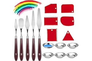 Painting Knife & Palette Set, 17‑Piece Art Tool Kit with 5 Stainless Steel Knives, 6 Plastic Scrapers & 6 Palettes, Ergonomic