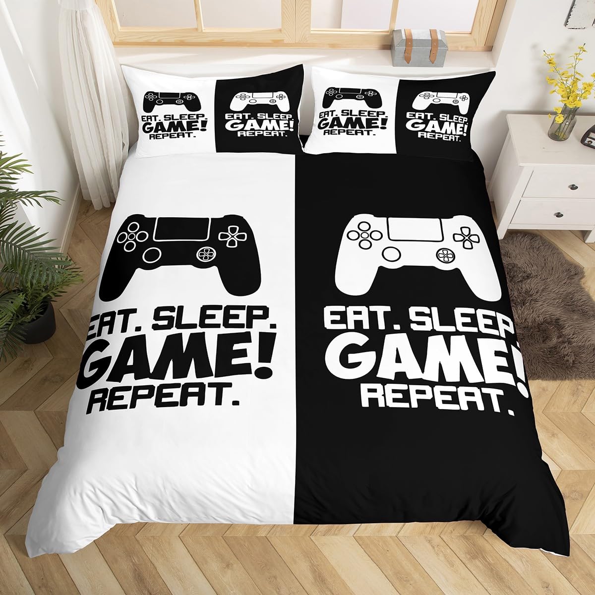 Loussiesd Gaming Bedding Set Playing Gamers Duvet Cover for Kids Boys Girls White Black Gamepad Couple Decor Comforter Cover Game Joystick Bedspread with 1Pillowcases 2Pcs Bedding Single