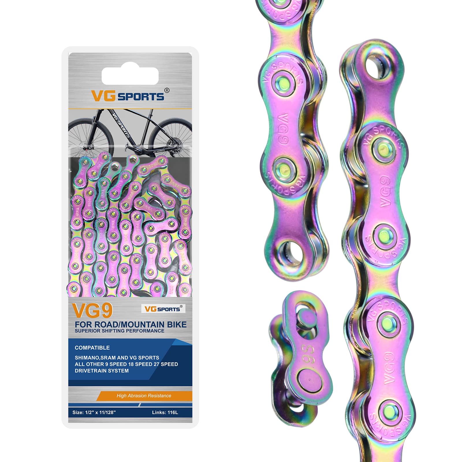 VG SPORTS 6/7/8/9/10/11 Speed Bike Chain,Half/Full Hollow Lightweight Bicycle Chain for Road Bike MTB, Rainbow, 116 Links with Missing Link