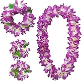 GHGMAO Hawaiian Leis Luau Party Wreath Set - Flower Necklace Headband and Bracelets, Great for Beach Wedding Birthday Holiday