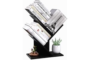 R RUISHENG 3 Tier Small Tree Bookshelf Storage Organizer Shelves Floor Standing Bookcase Desk Wood Storage Rack for Home Office Living Room Bedroom Display for Book Magazine CD Manga Black