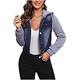 SOLY HUX Women's Hooded Denim Jacket Color Block Button Down Drawstring Long Sleeve Cropped Jean Jackets