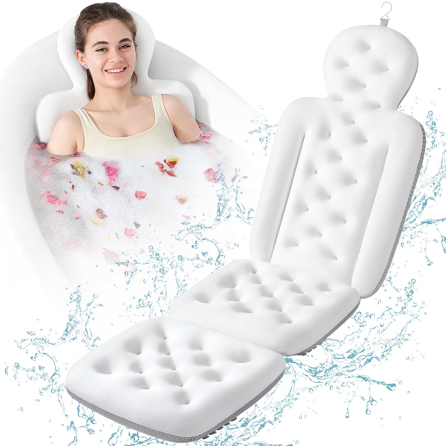 Photo 1 of Luxury Bath Cushion, Full Body Bathtub Pillow with 160 Suction Cups, Bath Mat for Head and Neck Support, with Laundry Bag (White, 56.2" x 16.2")