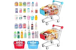 HSJH 134pcs Mini Shopping Cart Basket Miniature Food Drink Bottle Supermarket Metal Handcart Toys Doll House Store Cosplay Game Dollhouse Grocery Fruit Cake Bread Party Trolley Model Dollar Bills