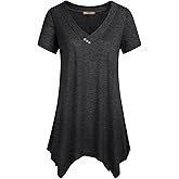 Miusey Womens Short Sleeve V Neck Asymmetrical Hemline Flowy Blouse Handkerchief Hem Tunic Tops